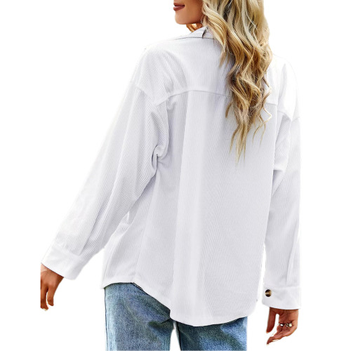 White Solid Buttoned Woolen Shirt with Pocket TQV220058-1