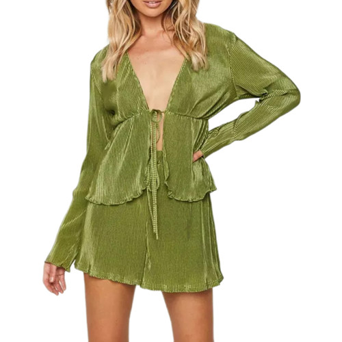 Green Ruffle Lace-up Long Sleeve and Shorts Set TQF711020-9