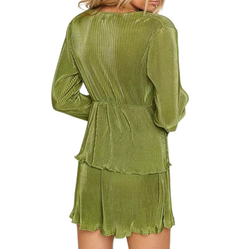 Green Ruffle Lace-up Long Sleeve and Shorts Set TQF711020-9