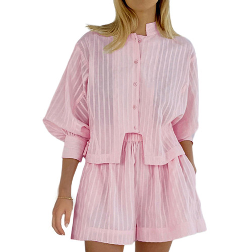 Pink Jacquard 100%Cotton Button Shirt and Shorts Set TQF711024-10