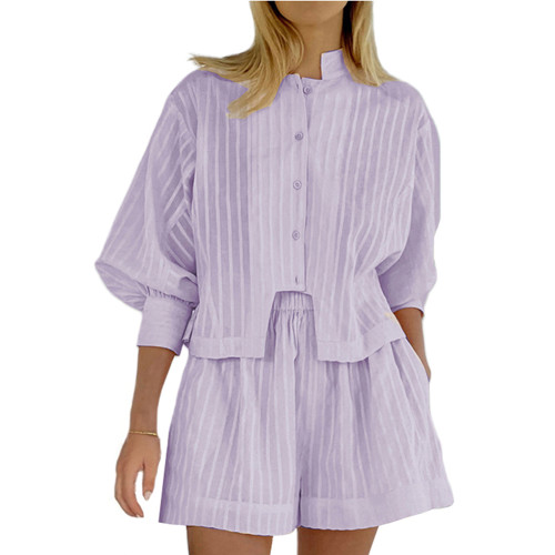 Purple Jacquard 100%Cotton Button Shirt and Shorts Set TQF711024-8