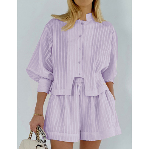 Purple Jacquard 100%Cotton Button Shirt and Shorts Set TQF711024-8