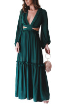 Green Ruffled Deep V Neck Cut out Lace up Back Maxi Dress LC6111359-9
