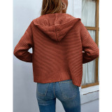 Rust Red Hooded Cable Knit Open Front Cardigan TQK280166-33