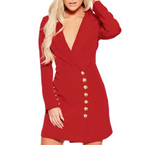 Red V Neck Single Breasted Slim Fit Blazer Dress TQK311184-3
