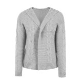Gray Hooded Cable Knit Open Front Cardigan TQK280166-11