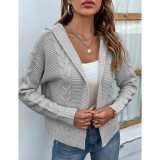 Gray Hooded Cable Knit Open Front Cardigan TQK280166-11