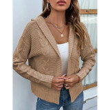 Khaki Hooded Cable Knit Open Front Cardigan TQK280166-21