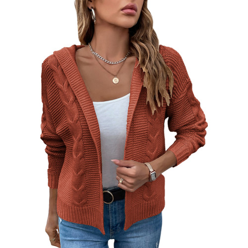 Rust Red Hooded Cable Knit Open Front Cardigan TQK280166-33