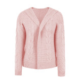 Pink Hooded Cable Knit Open Front Cardigan TQK280166-10