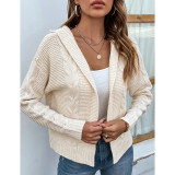 Beige Hooded Cable Knit Open Front Cardigan TQK280166-46