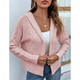 Pink Hooded Cable Knit Open Front Cardigan TQK280166-10