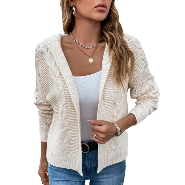 Beige Hooded Cable Knit Open Front Cardigan TQK280166-46