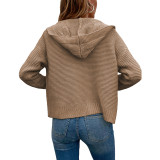 Khaki Hooded Cable Knit Open Front Cardigan TQK280166-21