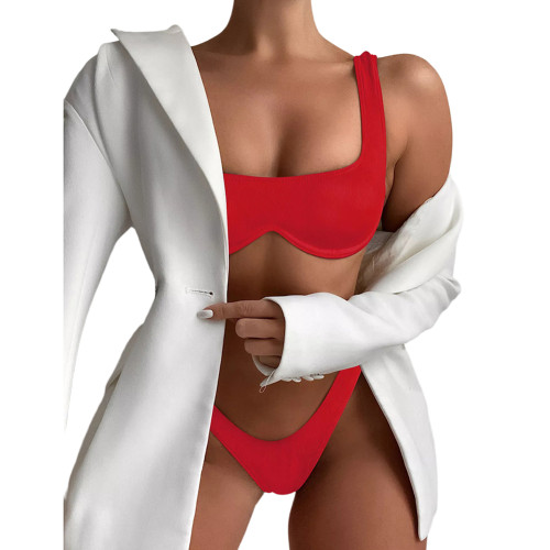 Red Solid Ribbed Steel Boned Bikini Set TQF610002-3