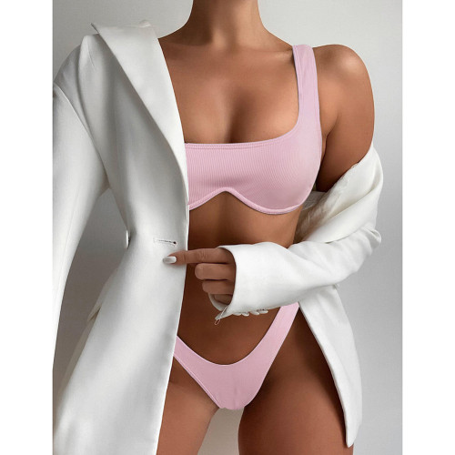 Pink Solid Ribbed Steel Boned Bikini Set TQF610002-10