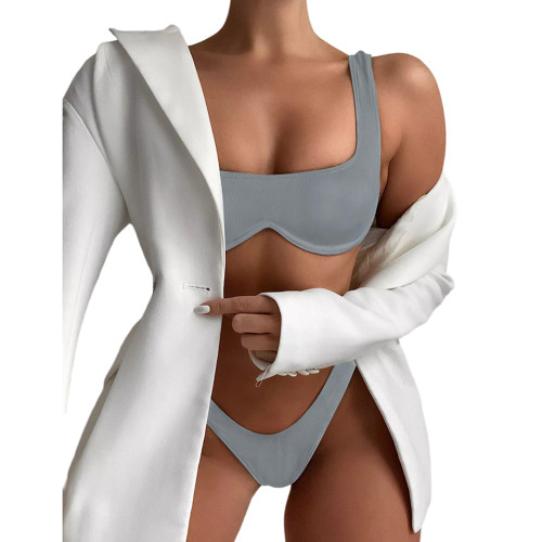 Gray Solid Ribbed Steel Boned Bikini Set TQF610002-11