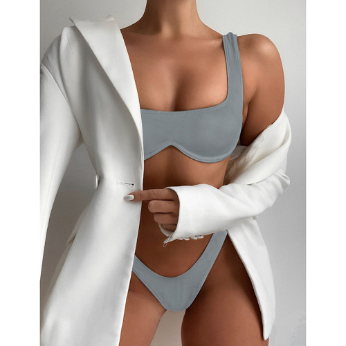 Gray Solid Ribbed Steel Boned Bikini Set TQF610002-11