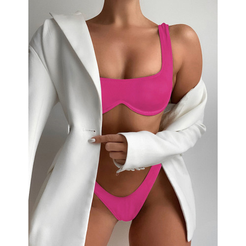 Rose Solid Ribbed Steel Boned Bikini Set TQF610002-6