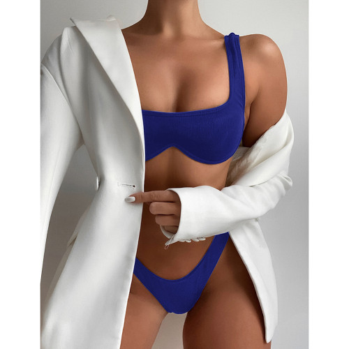 Navy Blue Solid Ribbed Steel Boned Bikini Set TQF610002-62