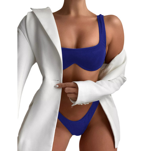 Navy Blue Solid Ribbed Steel Boned Bikini Set TQF610002-62