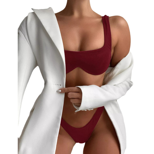 Burgundy Solid Ribbed Steel Boned Bikini Set TQF610002-103