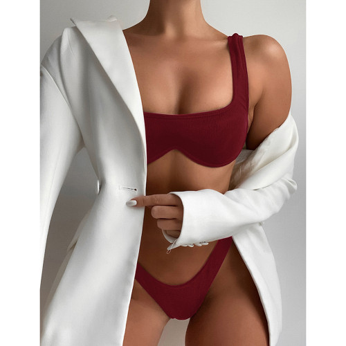 Burgundy Solid Ribbed Steel Boned Bikini Set TQF610002-103