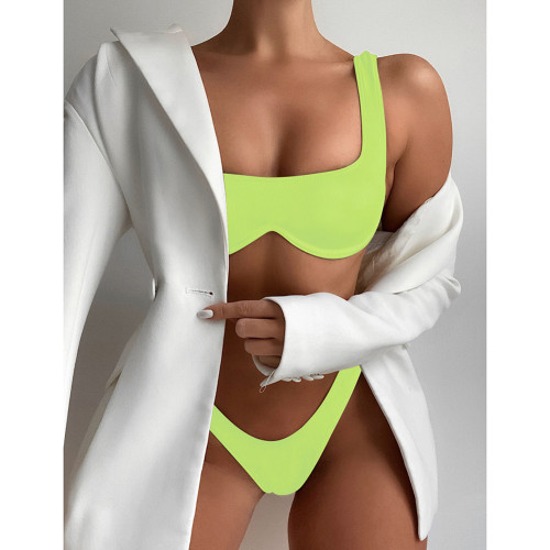 Fluorescent Green Solid Ribbed Steel Boned Bikini Set TQF610002-57