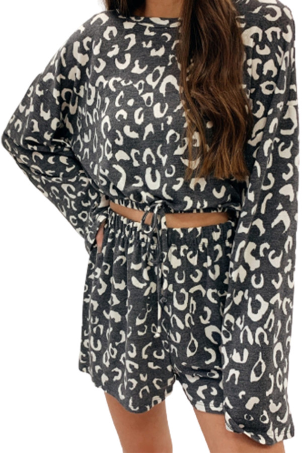 Gray Animal Print Long Sleeves Pullover and Shorts Lounge Set LC15252-11