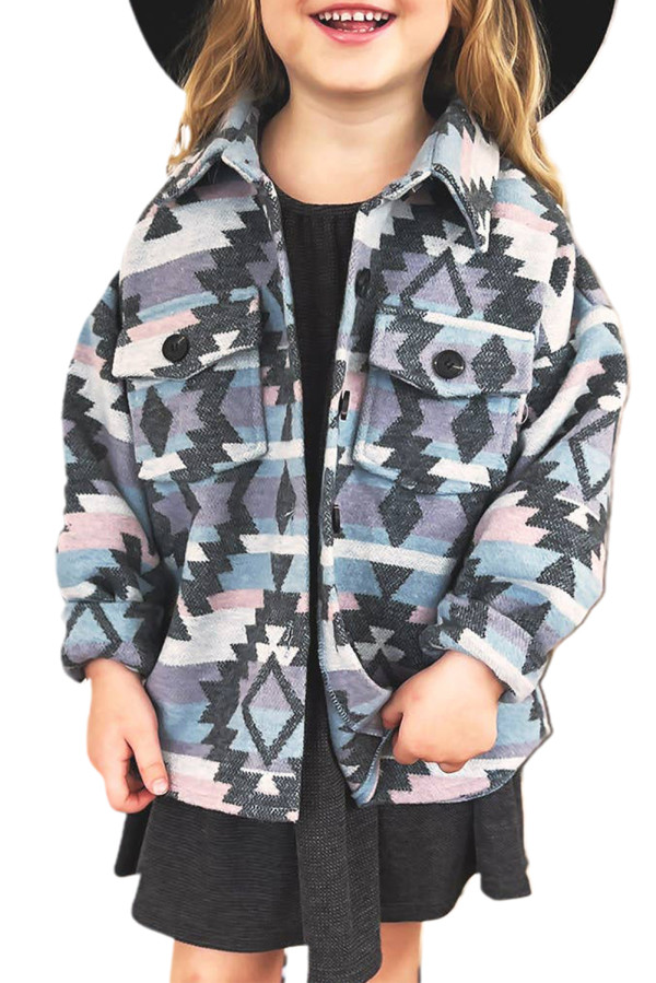 Sky Blue Aztec Print Buttoned Girl's Jacket with Pockets TZ85240-4