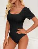Black Jacquard Knitted Short Sleeve Bodysuit TQV220080-2