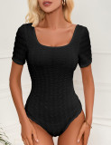 Black Jacquard Knitted Short Sleeve Bodysuit TQV220080-2