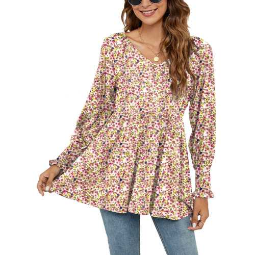 Apricot Floral Print V Neck Puff Sleeve Tunic Tops TQF210097-18