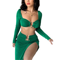 Green Long Sleeve Tube Top with High Split Skirt Set TQF711028-9