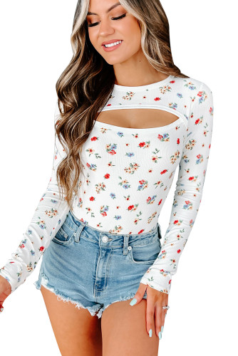 White Long Sleeve Cut-out Floral Bodysuit LC6421122-1