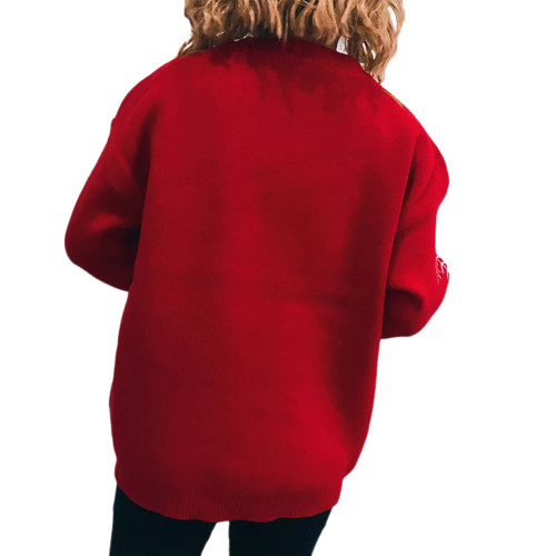 Red Elk Print Round Neck Sweater Knit Pullover TQK271411-3