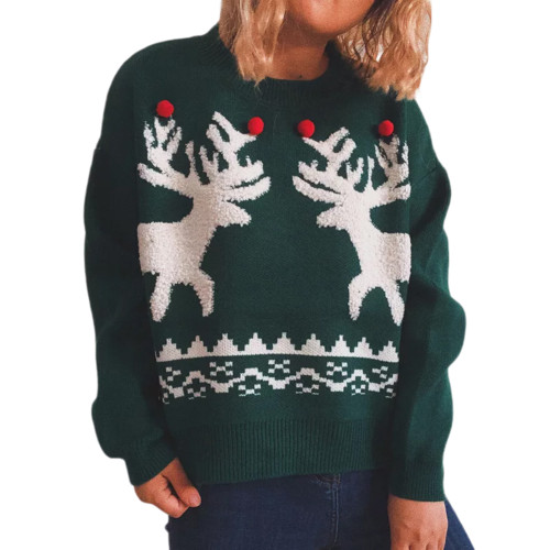 Green Elk Print Crew Neck Knit Christmas Sweater TQK271410-9