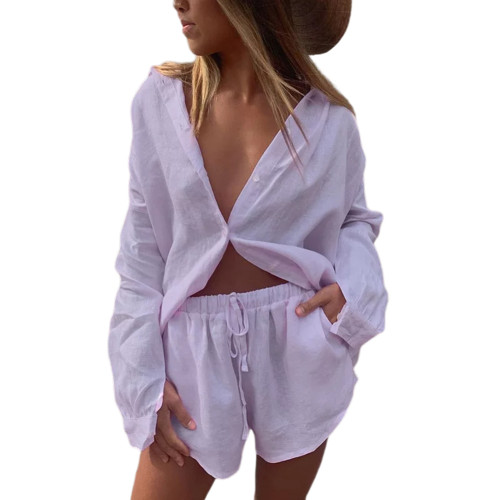 Light Purple Button Loose Shirt with Shorts Set TQF711029-38