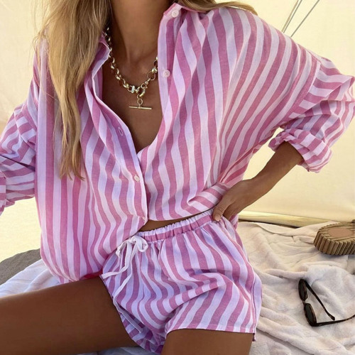 Light Pink Striped Print Button Loose Shirt with Shorts Set TQF711029-39