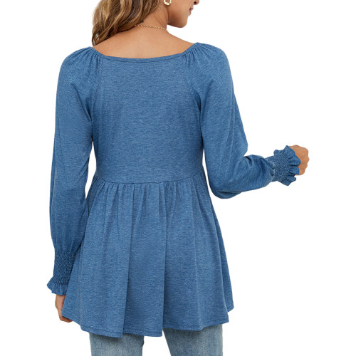 Blue Solid V Neck Puff Sleeve Tunic Tops TQF210096-5