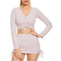 Nude Pink Drawstring V Neck Crop Tops with Skirt Set TQF711030-39