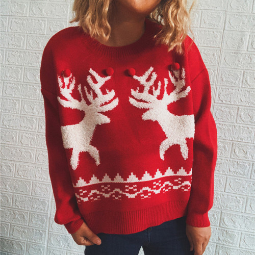 Red Elk Print Crew Neck Knit Christmas Sweater TQK271410-3