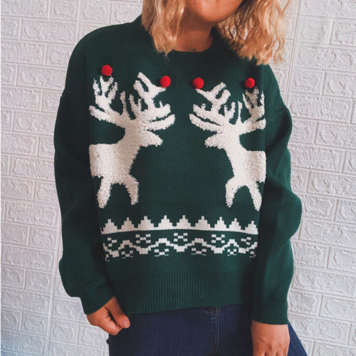 Green Elk Print Crew Neck Knit Christmas Sweater TQK271410-9