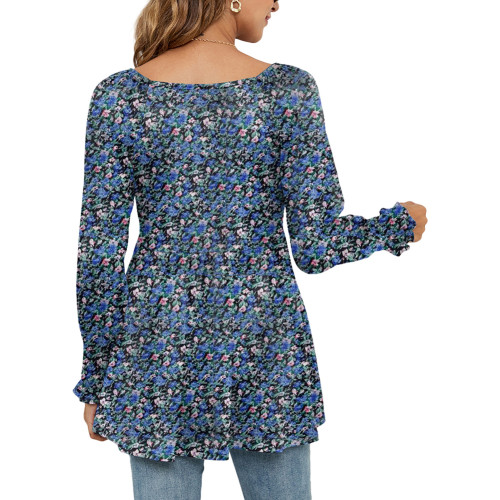 Blue Floral Print V Neck Puff Sleeve Tunic Tops TQF210097-5