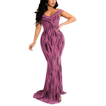 Rosy Shiner V-Neck Fishtail Evening Dress TQK311174-6