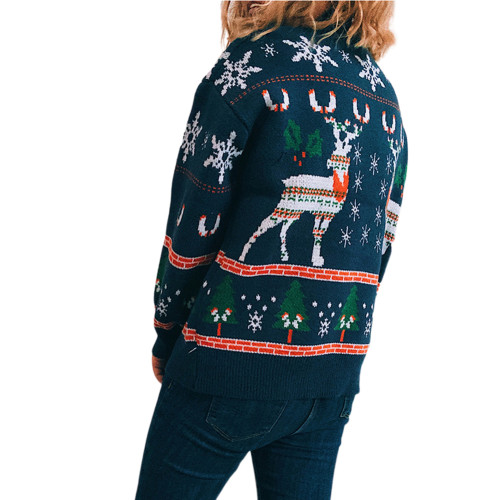 Navy Blue Christma Tree Deer Snowflake Print Knit Pullover TQK271415-34
