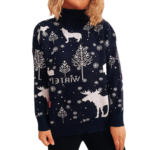 Navy Blue Turtleneck Printed Christmas Sweater Knit Pullover TQK271413-34