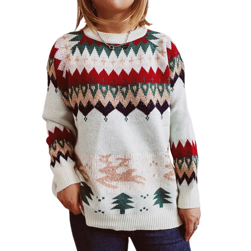 White Christmas Tree Elk Raglan Sleeve Pullover Sweater TQK271416-1