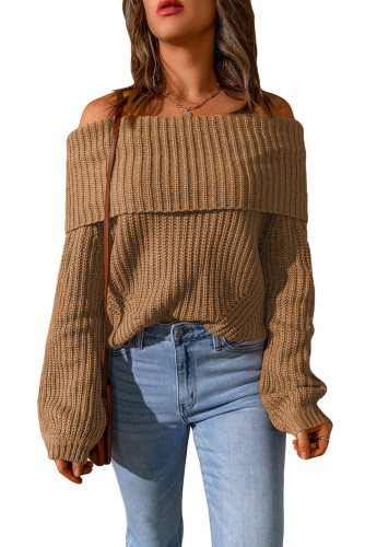 Khaki Ribbed Knit Foldover Off Shoulder Sweater LC2722188-16