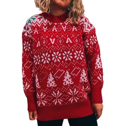Red Round Neck Vintage Snowflake Christmas Sweater TQK271412-3
